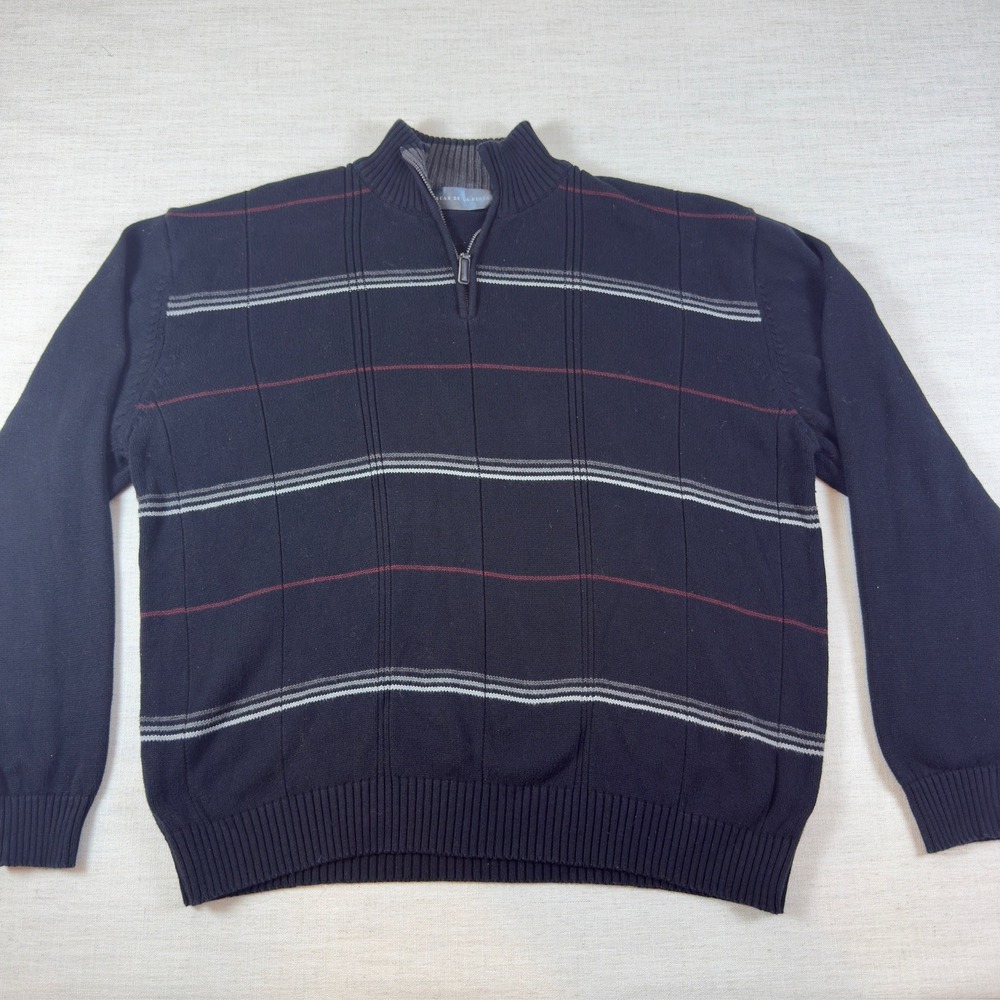 Oscar de la Renta Mens XXL Quarter Zip Sweater Navy Blue Cotton Striped Knit